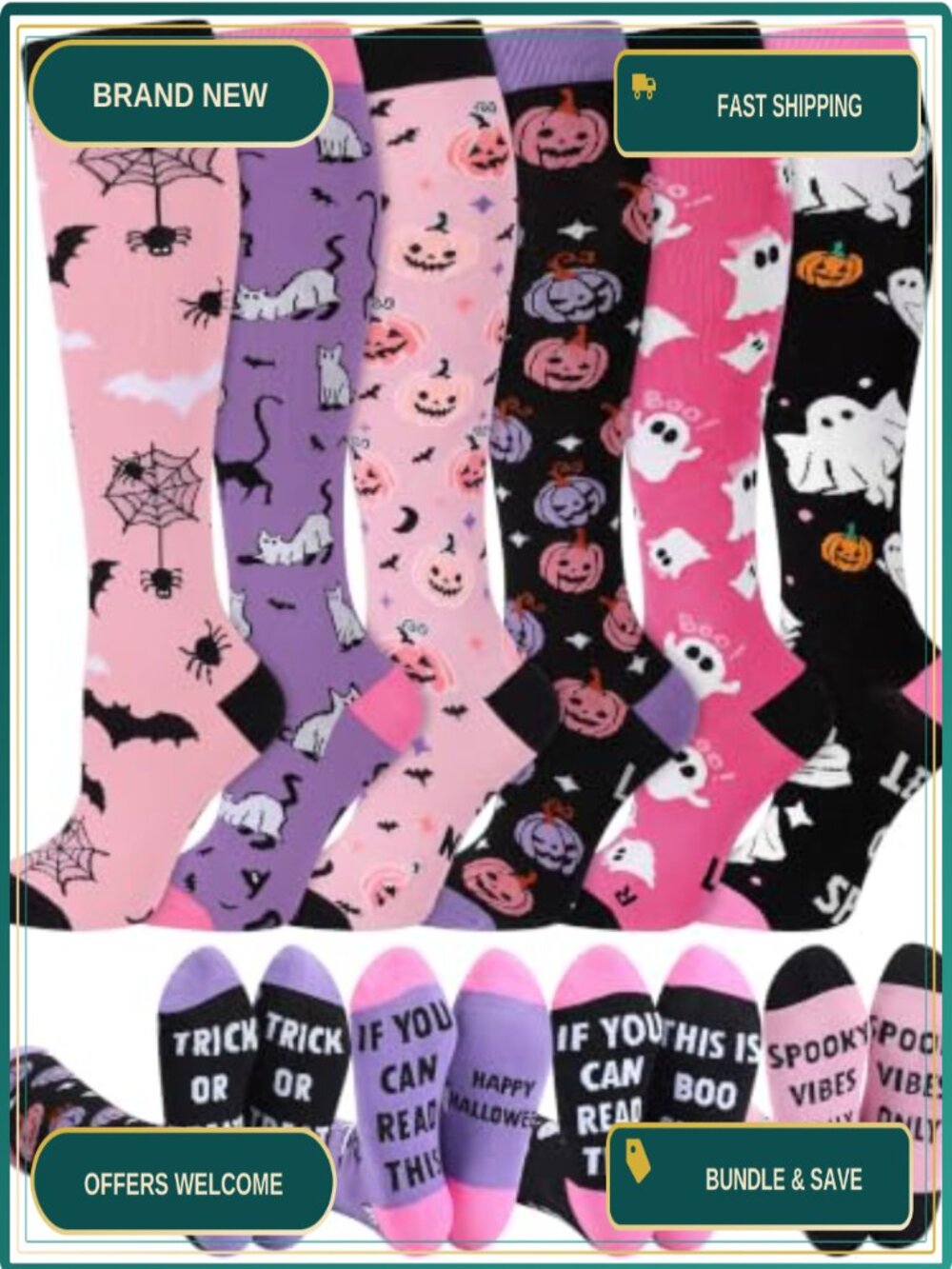 6 Pairs Halloween Knee High Socks Women Cotton Polyester Blend